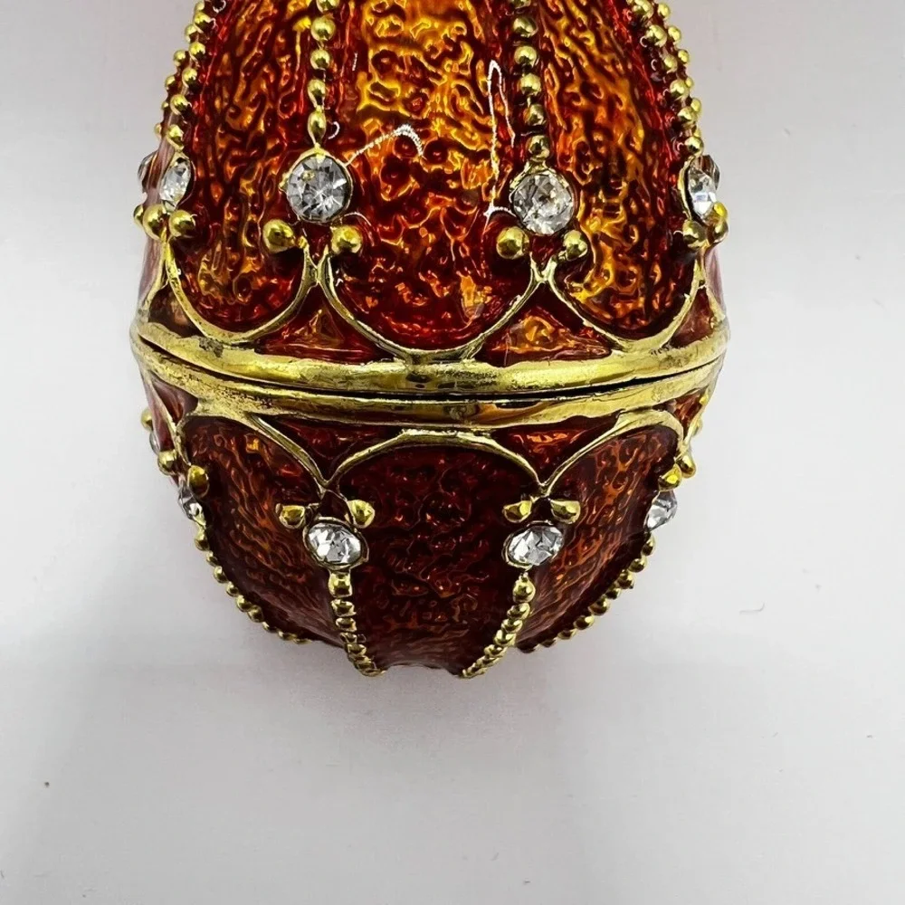 Orange & Gold Faberge-Egg Style Trinket Box With Rhinestones Crown Stones 2.5
